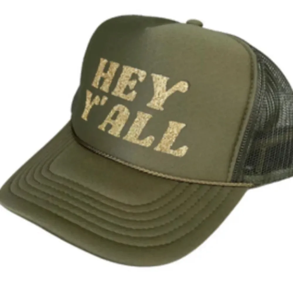 HEY Y'ALL Olive Green Trucker Hat - BRAND NEW Snap Back - Gold Glitter